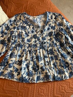 Lucky Brand Cream Blouse with Blue Floral Print